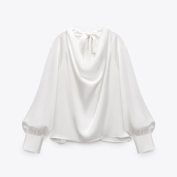 Zara White Satin Long Sleeves Blouse and Bow Tie with Gold Buttons XS NEW - Picture 8 of 10